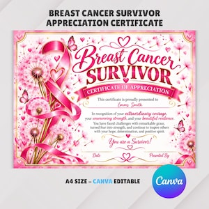 Peut inclure: Un certificat d'appréciation pour survivante du cancer du sein avec un ruban rose, des pissenlits et des papillons. Le texte indique Breast Cancer Survivor, Certificate of Appreciation, Emms Smith et You are a Survivor. Format A4.