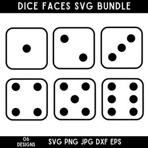 May include: Six black and white dice faces, each with a different number of dots, from one to six. The dice faces are outlined in black and are arranged in two rows of three.