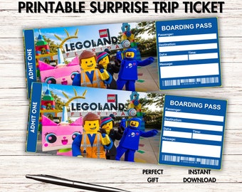 Biglietto a sorpresa per il parco tematico Legoland stampabile, biglietto per il viaggio di vacanza, modello di biglietto, biglietto regalo a sorpresa, carta d'imbarco, download digitale