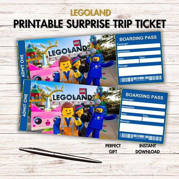 Druckbares Legoland-Freizeitpark-Überraschungsticket, Urlaubsreiseticket, Ticketvorlage, Überraschungsgeschenkticket, Bordkarte, digitaler Download