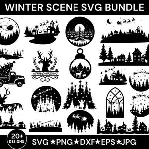 Winter Scene Svg Bundle, Winter Scene Png, Deer Winter Scene, Pine Tree Svg, Winter Forest, Svg Files For Cricut,Instant Download,Silhouette
