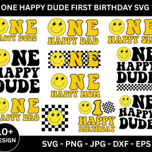 Może przedstawiać: Zbiór wzorów SVG z tekstem "ONE HAPPY DUDE FIRST BIRTHDAY SVG". Projekty zawierają uśmiechnięte buzie i frazy takie jak "HAPPY DUDE", "HAPPY DAD" i "HAPPY BIRTHDAY" w kolorze żółtym i czarnym, w stylu retro.
