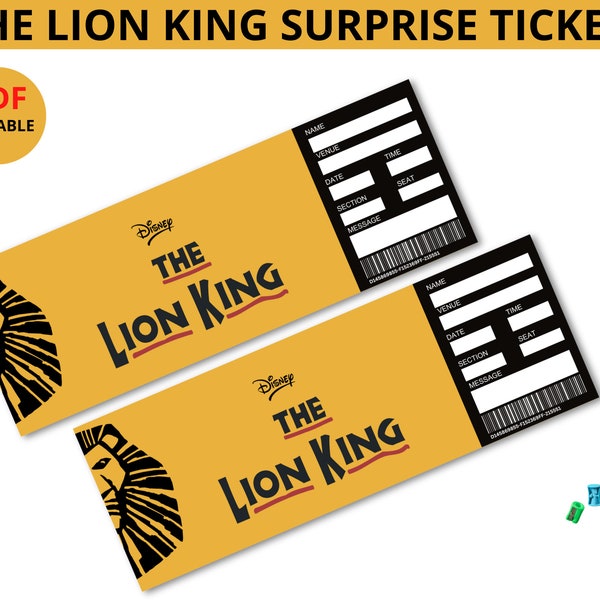 The Lion King Broadway Surprise Ticket Template, Musical Theatre Ticket,Faux Event Admission Souvenir Keepsake, Concert Ticket, Editable Pdf