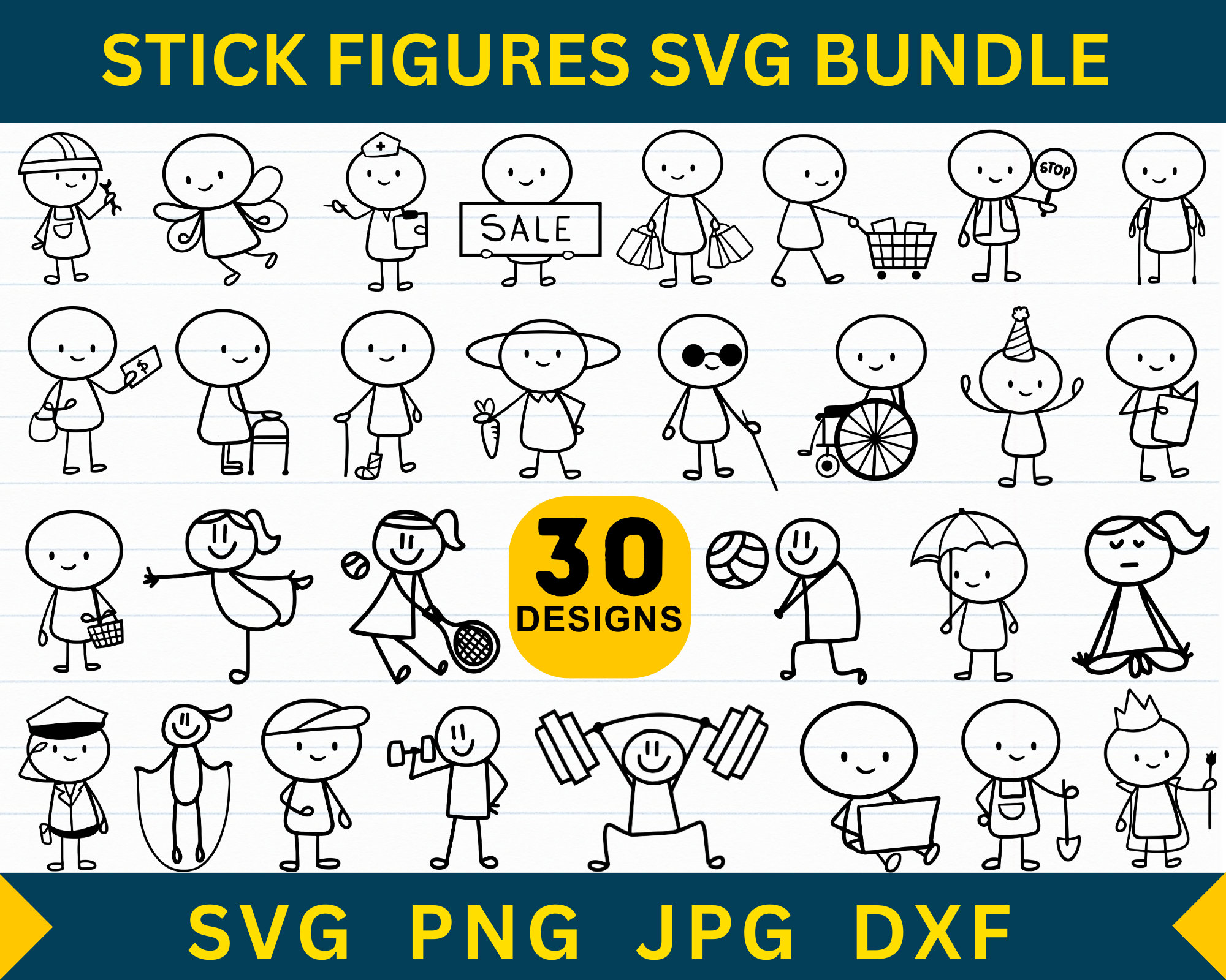 30 Stick Figures Svg Bundle, Stick Figure Clipart, Stick People Svg