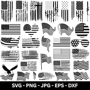 May include: A collection of black and white American flag designs in various styles. Includes distressed flags, flags in the shape of a heart, and flags with stars and stripes. The image also features an eagle and sunglasses.