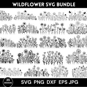 May include: A set of 35 black and white SVG designs of wildflowers. The designs are perfect for crafting, scrapbooking, and other creative projects.