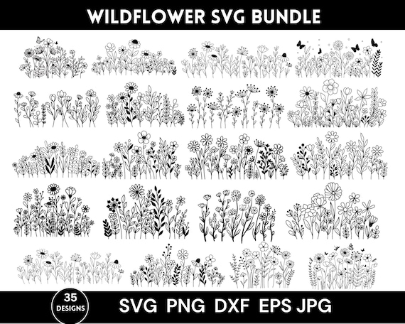 Wildflower Svg Bundle, Flower Meadow Svg, Flower Border Svg, Minimalist Flower Bouquet, Wildflower Clipart, Instant Download, Silhouette