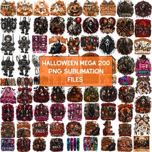 Puede incluir: Una colección de diseños gráficos digitales con ilustraciones de Halloween y terror, incluyendo calabazas, fantasmas y villanos de películas. El cuadro de texto naranja central dice HALLOWEEN MEGA 200 PNG SUBLIMATION FILES.