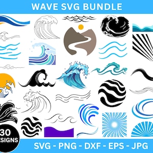 Puede incluir: Un conjunto de 30 diseños de olas en formatos SVG, PNG, DXF, EPS y JPG. Las ilustraciones muestran olas en negro, azul y blanco, algunas con escenas de sol y montaña. El texto "WAVE SVG BUNDLE" está en la parte superior.
