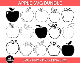 Paquete de Svg de manzana, Svg de fruta de manzana, Png de manzana, Dxf de manzana, Archivo de corte de manzana, Silueta de manzana, Clipart de manzana, Descarga instantánea, Vector de manzana