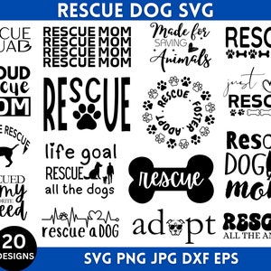 Op de afbeelding: Een verzameling van 20 zwart-witte SVG-ontwerpen met als thema reddingshonden. De ontwerpen bevatten zinnen als "Rescue Squad", "Proud Rescue Mom", "Life Goal Rescue All The Dogs", "Rescue Dog Mom" en "Adopt Rescue All The Animal".