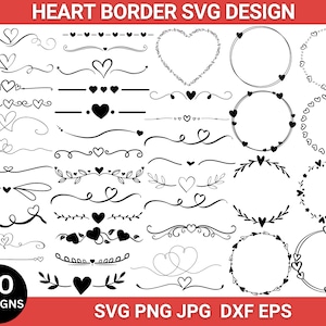 May include: A set of 40 black and white heart border SVG designs. The designs include hearts, swirls, and floral elements. The designs are perfect for adding a touch of romance to your projects.