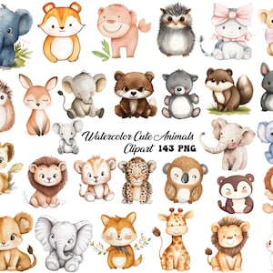 Imágenes prediseñadas de animales lindos en acuarela, animales lindos PNG, animales bebés, animales en acuarela, animales doodle, animales imprimibles, paquete de imágenes prediseñadas