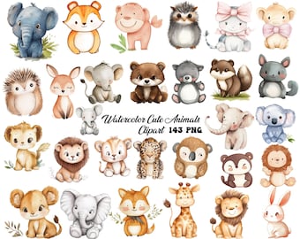 Clipart di animali carini ad acquerello, Clipart di animali carini in formato PNG, Cuccioli di animali, Animali ad acquerello, Scarabocchi di animali, Animali stampabili, Pacchetto clipart