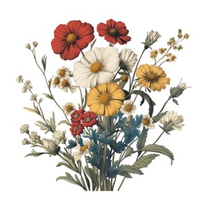Pu&ograve; includere: Un mazzo di fiori selvatici in tonalit&agrave; di rosso, giallo e bianco. I fiori sono disposti in uno stile sciolto e naturale, con alcuni steli che si estendono oltre il bordo dell'immagine.