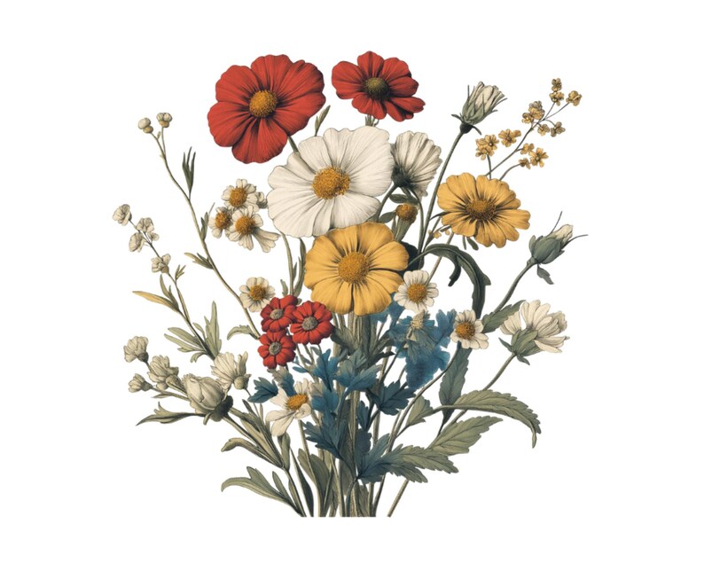 Pu&ograve; includere: Un mazzo di fiori selvatici in tonalit&agrave; di rosso, giallo e bianco. I fiori sono disposti in uno stile sciolto e naturale, con alcuni steli che si estendono oltre il bordo dell'immagine.