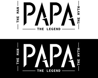 Puede incluir: Diseño gráfico con la palabra "PAPA" en letras negritas y estilizadas. Debajo, el texto "THE LEGEND" está centrado. Líneas verticales flanquean la palabra, con "THE MAN" a la izquierda y "THE MYTH" a la derecha. El diseño se presenta en blanco y negro.