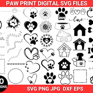 May include: A set of 50 black and white paw print SVG digital files. The designs include paw prints, hearts, bones, dog houses, and other dog-related images. The text "SVG PNG JPG DXF EPS" is at the bottom of the image.