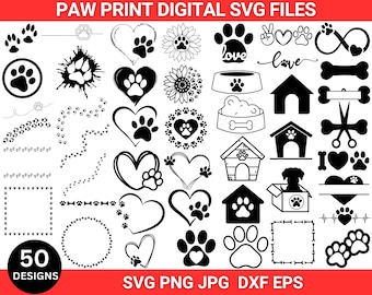 Paquete de huellas de patas Svg PNG, huellas de patas de perro Svg, huellas de patas de corazón Svg, mamá de perro Svg, amante de los perros Svg, huellas de animales Svg, imágenes prediseñadas de huellas de patas, descarga instantánea