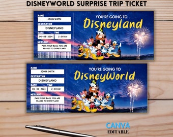 Boleto sorpresa de Disneyland imprimible, boleto de Disneyworld, regalo de boleto de revelación sorpresa, boleto de parque temático, plantilla de boleto editable de Canva