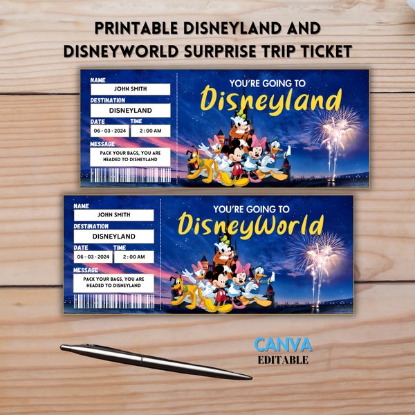 Printable Disneyland Surprise Ticket, Disneyworld Ticket, Surprise Reveal Ticket Gift, Theme Park Ticket, Canva Editable Ticket Template