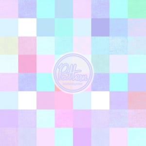 May include: A digital pattern featuring a grid of squares in pastel colors including light blue, lavender, pink, white, and mint green. A circular logo is centered on the image with the text Pattern and TaliaRainDigitalArt inside.