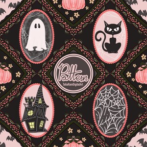 Wzór w stylu vintage na Halloween bez szwu | PNG | Straszny patchwork z dynią i duchem kota, cyfrowy wzór w stylu retro na Halloween