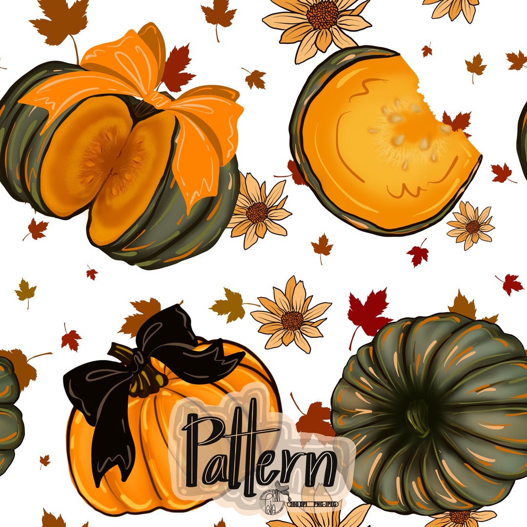 Autumn Pumpkin Coquette Bow Seamless Pattern | Fall Fabric Design (PNG ...