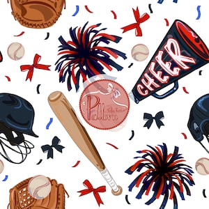 May include: A seamless pattern featuring baseball-themed illustrations, including a baseball bat, a catcher's mitt, a baseball helmet, a baseball, a megaphone with the word "CHEER" on it, red and blue bows, and red and blue pom-poms.