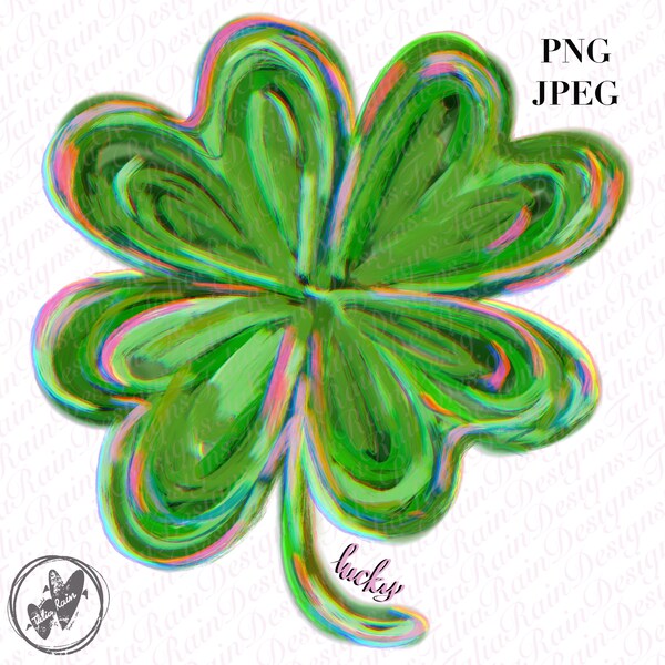 Lucky 4leaf Clover Sublimation PNG|JPEG Lucky leaf watercolor painting,Chalk Hand drawn digital,green four leaf Sublimation,St Patrick's Day