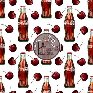 May include: A seamless pattern featuring red cherries and Coca-Cola bottles. The background is white. The cherries are drawn in a watercolor style and the bottles are drawn in a realistic style.