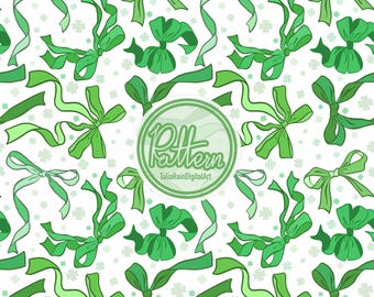 Coquette Green Bow Seamless Pattern / PNG / San Patrizio, quattro foglie (download digitale) disegnato a mano