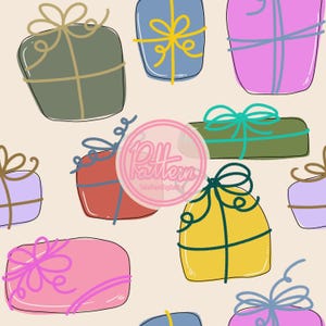 Peut inclure: Motif répété de boîtes cadeaux de style dessin animé aux couleurs vives, avec des nœuds contrastés. Les cadeaux sont verts, bleus, roses et jaunes. Le fond est beige clair.