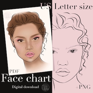 Pode incluir: Um modelo de carta de rosto imprimível para maquiadores e entusiastas da beleza. A carta apresenta um contorno detalhado do rosto de uma mulher com cabelo encaracolado, incluindo áreas para destacar, contornar e aplicar sombra para os olhos. O modelo está disponível nos formatos PDF e PNG.