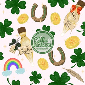 May include: A whimsical pattern featuring lucky charms and symbols. The design includes green shamrocks, gold coins with four-leaf clovers, brown horseshoes, and potion bottles labeled "Liquid Luck" and "Felix Felicis". A rainbow and feather are also included.