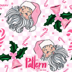 May include: A pink and white checkered background with a repeating pattern of Santa Claus heads, holly with pink bells, and pink and white candy canes. The text "Pattern" is in the lower center of the image.