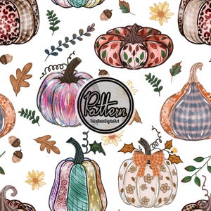 May include: A seamless digital pattern featuring various pumpkins with diverse textures and prints, including leopard spots, plaid, and floral motifs, interspersed with acorns, leaves, and small yellow flowers on a white background. Text reads Pattern TaliaRainDigitalArt.