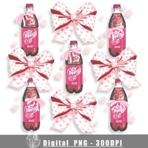 May include: A digital PNG featuring multiple bottles of Dr. Pepper soda, each adorned with a pink bow and a pink ribbon. The bottles are surrounded by large bows decorated with small pink hearts. The text "Dr. Pepper" and "20 OZ" are visible on the bottles.