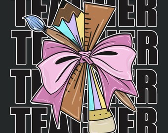 Coquette Teacher Clipart | PNG & JPEG Digital Graphics (Digital Download) pencil ribbon bow hand drawn
