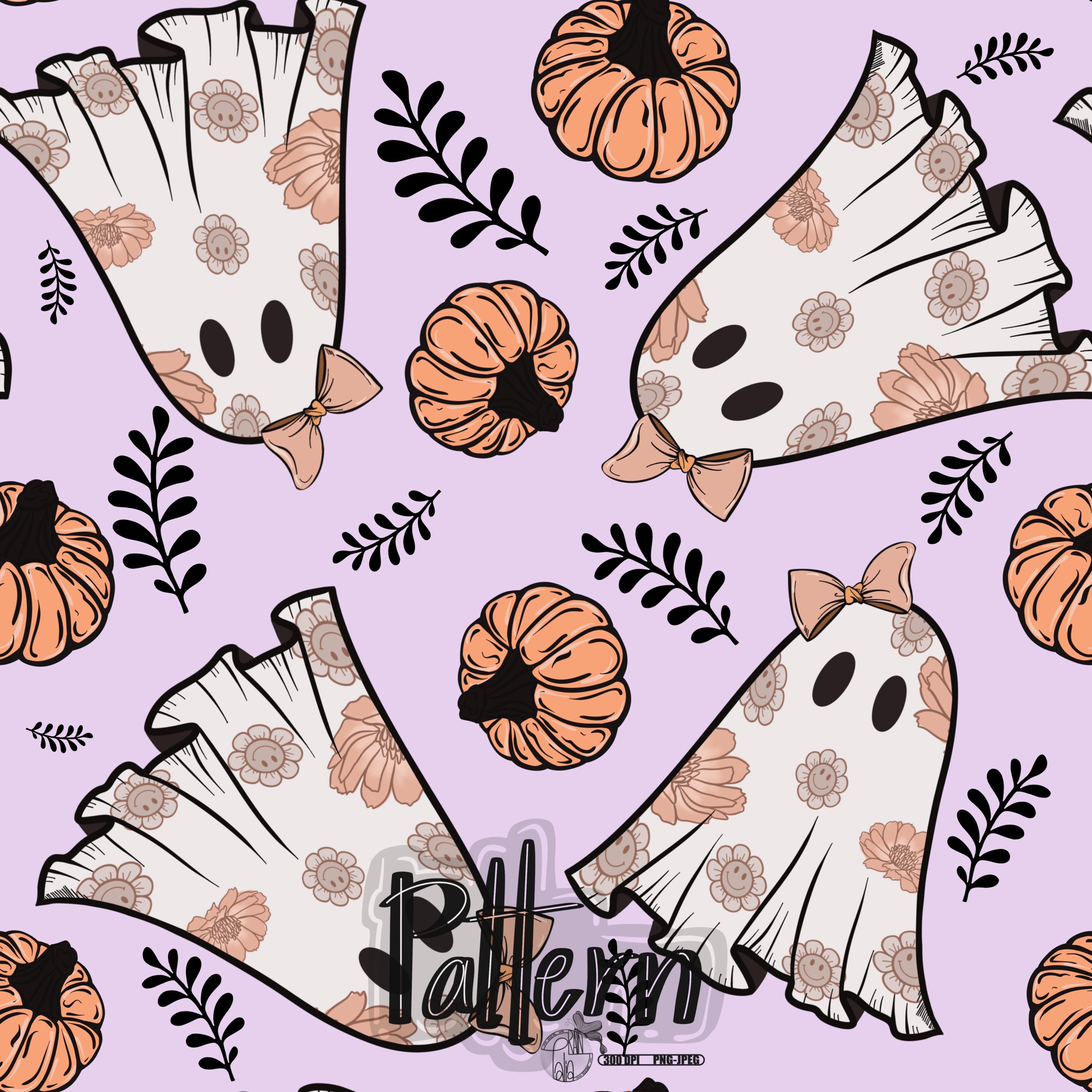 Cute Ghost Halloween Seamless Pattern, Retro Floral Pumpkins (PNG, JPEG ...