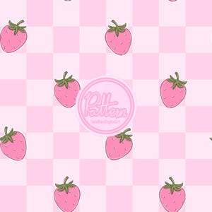 May include: A repeating pattern of pink strawberries with green stems and leaves on a light pink and white checkered background. The word "Pattern" is in a pink circle with the text "TaliaRainDigitalArt".