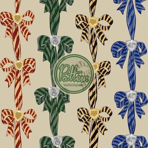 May include: Digital pattern featuring repeating illustrations of decorative bows in various colors. Each bow has a shield emblem and striped ribbon in shades of red, gold, green, black, and blue. The pattern includes the text "Pattern" and "TaliaRainDigitalArt".