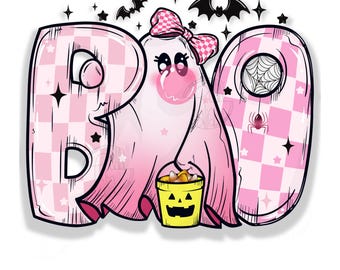 May include: A pink and white checkered "BOO" graphic with a ghost character holding a jack-o'-lantern bucket. The ghost has a pink bow and is surrounded by bats and stars, perfect for Halloween.