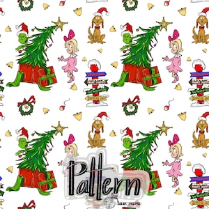 クリスマスのシームレスパターン：グリンチ、サンタ、ノーム（PNG、JPEG デジタルダウンロード）