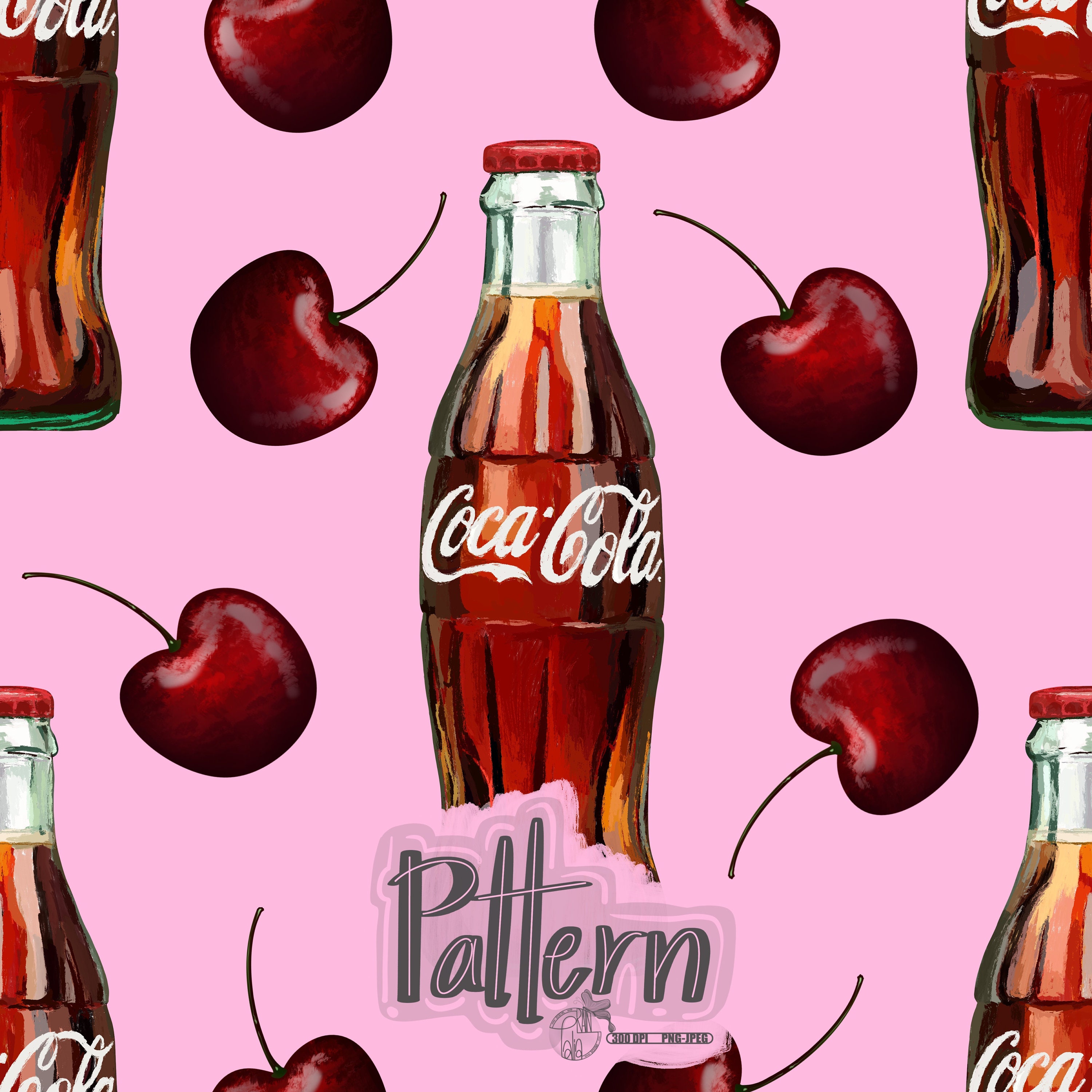 Coca Cola and Cherries Hand Drawn Seamless Design Pattern | PNG & JPEG ...