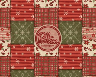 Vintage Weihnachten Patchwork Nahtlose Muster | PNG (Digital Download) Gemütlicher Urlaub Quilt Texturen.