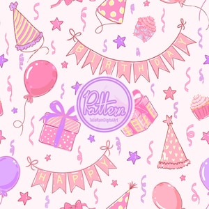 Puede incluir: Un patrón sin costuras con elementos de fiesta de cumpleaños. Globos rosas y morados, cajas de regalo, cupcakes, gorros de fiesta y pancartas con "Happy Birthday" sobre un fondo rosa claro. El diseño incluye estrellas y cintas.