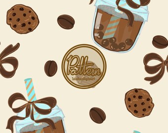 Coffee Boba Seamless Pattern | PNG | Cookie & Cupcake Kawaii Pattern | Chocolate Dessert Digital Paper