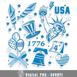 4 de Julho Patriótico dos EUA PNG | Clipart do Dia da Independência | Estátua da Liberdade, Fogos de Artifício, Balões | Design de camiseta gráfica retrô americana