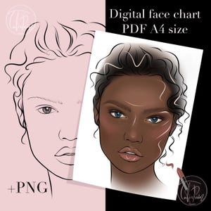 Könnte beinhalten: Eine digitale Gesichtskarte Vorlage für Make-up-Künstler, mit einer Frau mit brauner Haut und blauen Augen. Die Karte enthält Linien für Highlighting und Contouring sowie Bereiche zum Hinzufügen von Farbmustern. Die Vorlage ist im PDF-Format verfügbar und hat das Format A4.